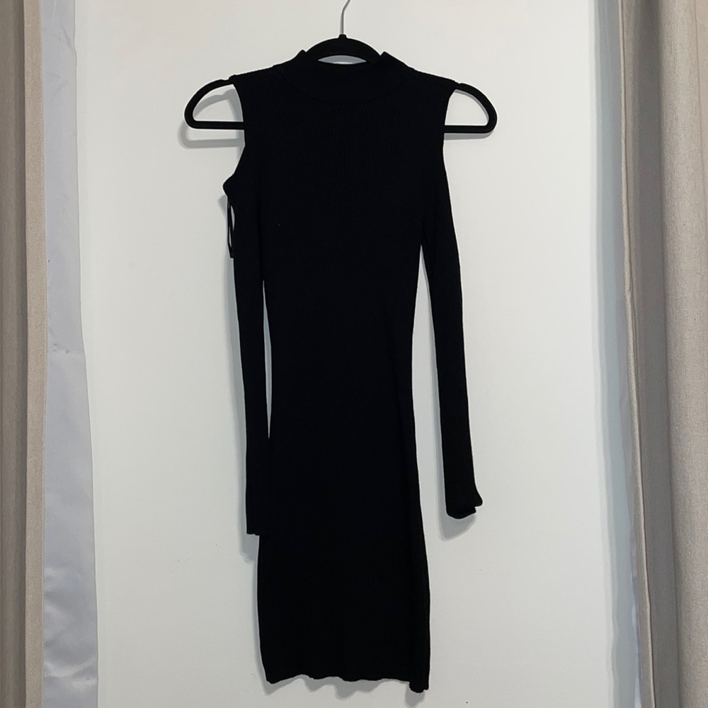 Mock Neck Knit Body Con Dress with Shoulder Cut Outs